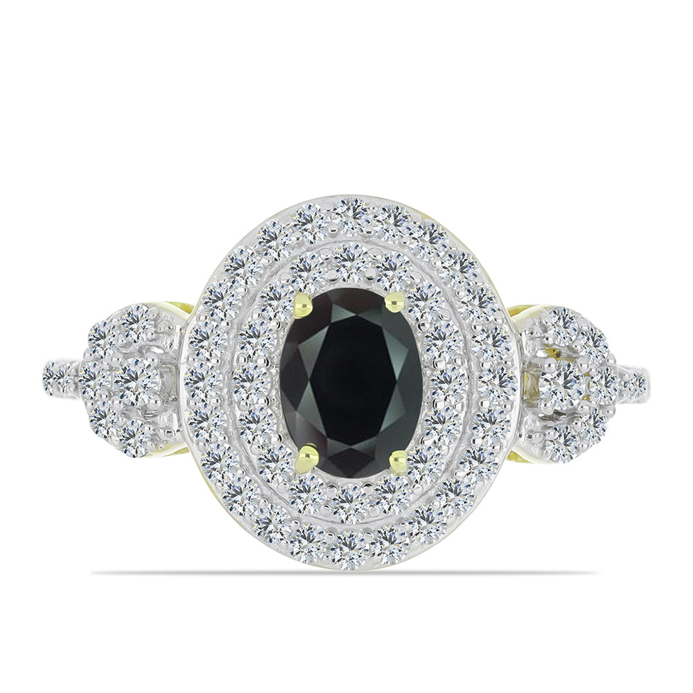Anillo de Plata Bañada en Oro con Obsidiana y Topacio Blanco 1 