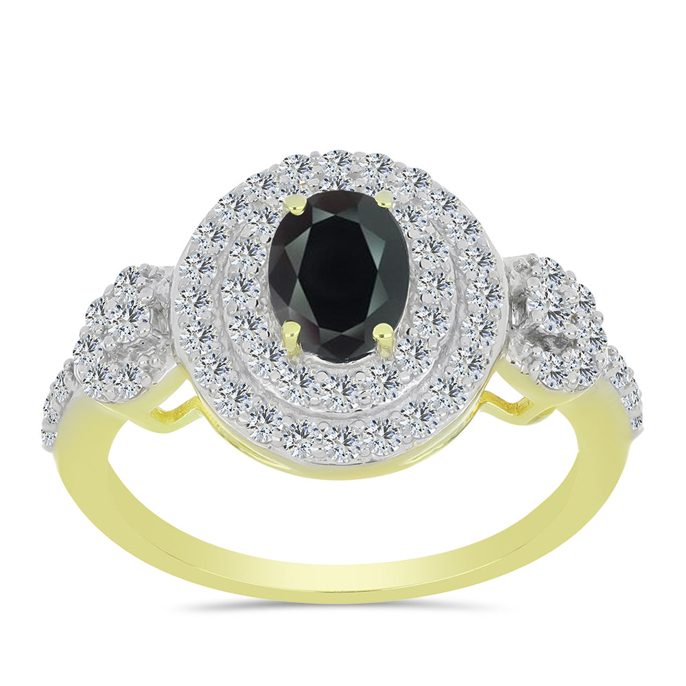 Anillo de Plata Bañada en Oro con Obsidiana y Topacio Blanco 3 