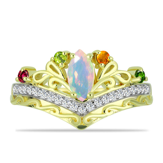 Anillo de Plata Bañada en Oro con Ópalo Welo y Chakra Turmalina