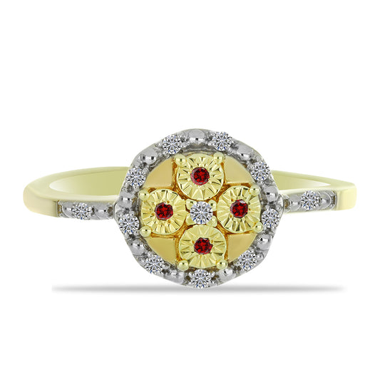 Anillo de Plata Bañada en Oro con Diamante Rojo y Diamante blanco