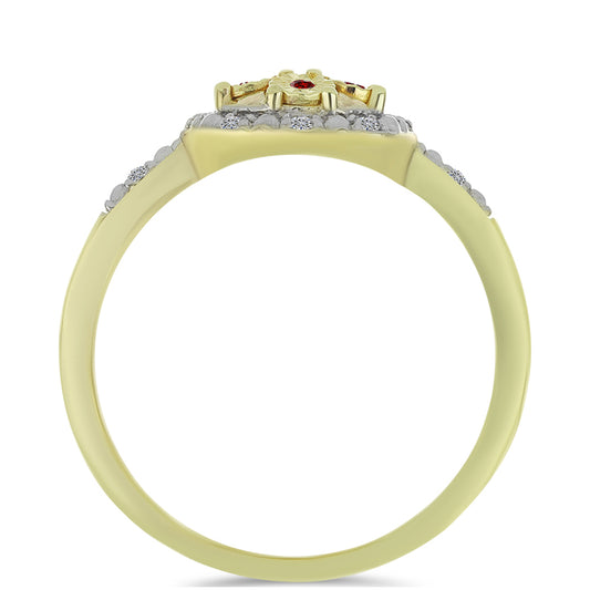 Anillo de Plata Bañada en Oro con Diamante Rojo y Diamante blanco