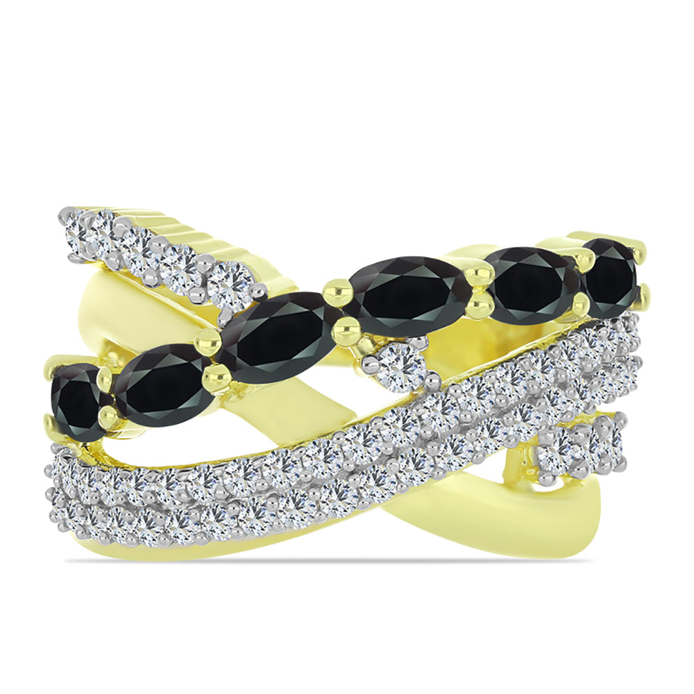 Anillo de Plata Bañada en Oro con Obsidiana y Topacio Blanco
