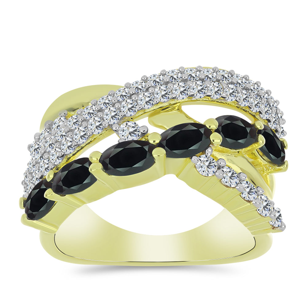 Anillo de Plata Bañada en Oro con Obsidiana y Topacio Blanco