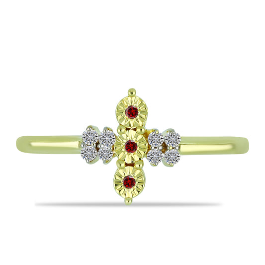 Anillo de Plata Bañada en Oro con Diamante Rojo y Diamante blanco