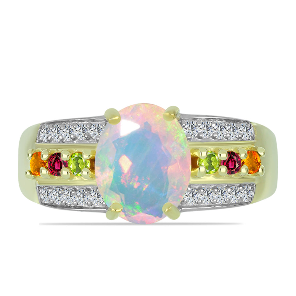 Anillo de Plata Bañada en Oro con Ópalo Welo y Chakra Turmalina