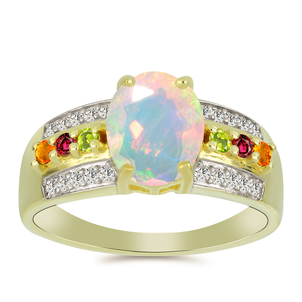 Anillo de Plata Bañada en Oro con Ópalo Welo y Chakra Turmalina