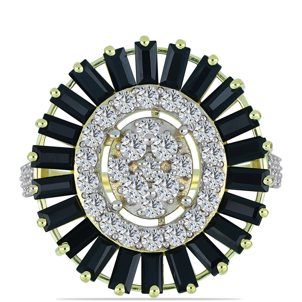 Anillo de Plata Bañada en Oro con Obsidiana y Topacio Blanco 1 