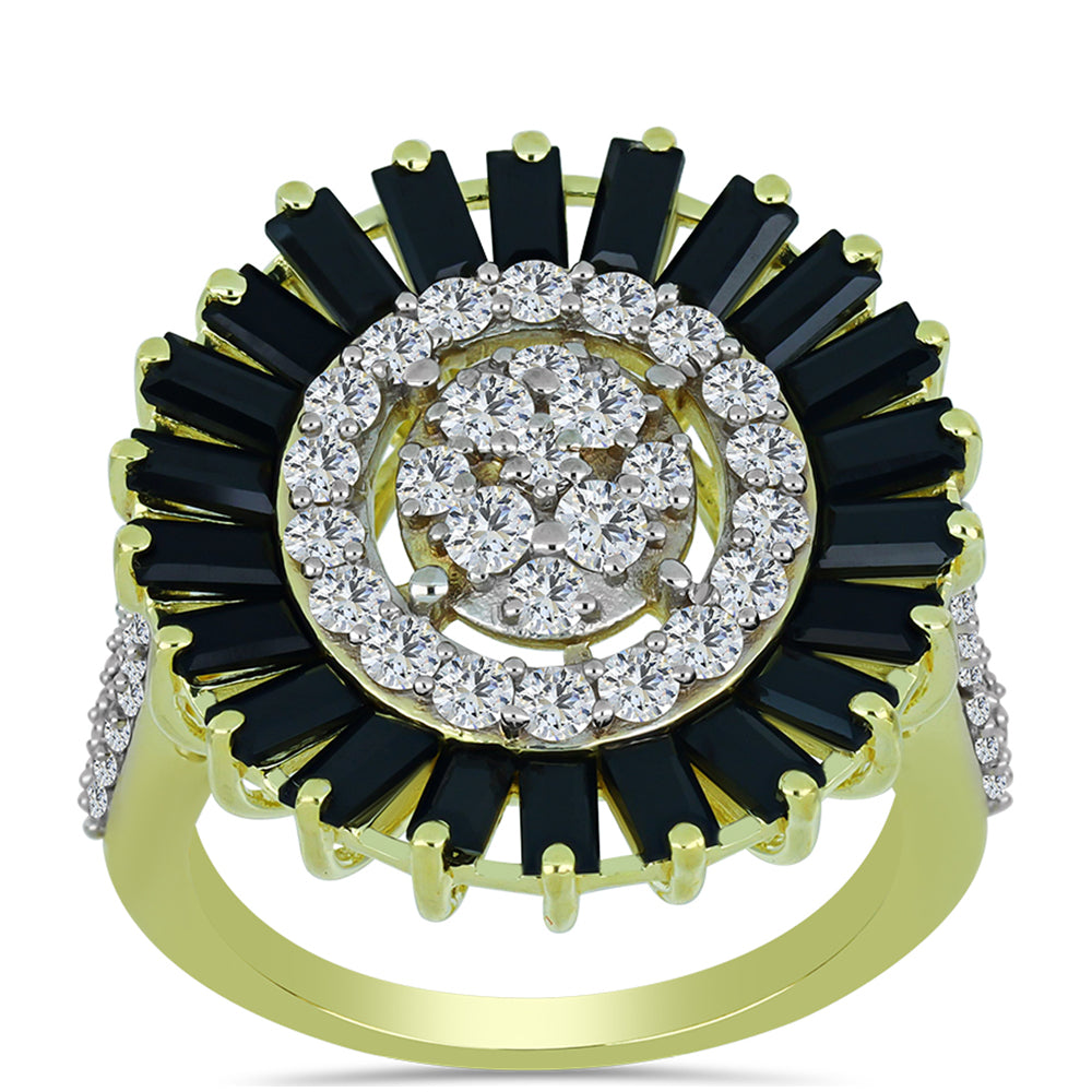 Anillo de Plata Bañada en Oro con Obsidiana y Topacio Blanco