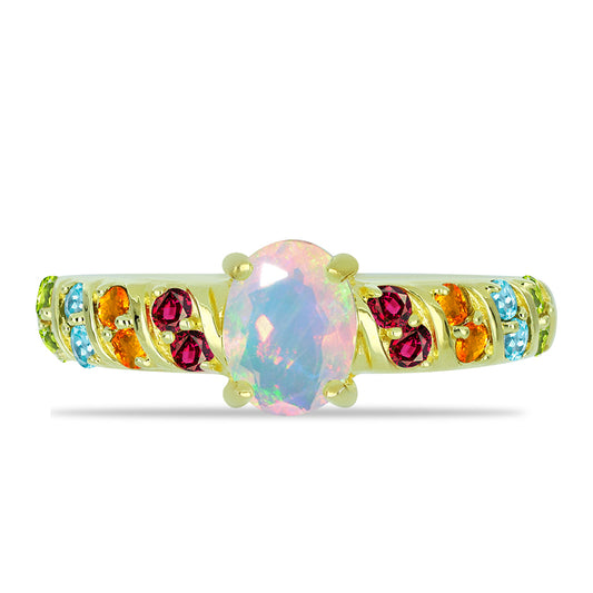 Anillo de Plata Bañada en Oro con Ópalo Welo y Chakra Turmalina