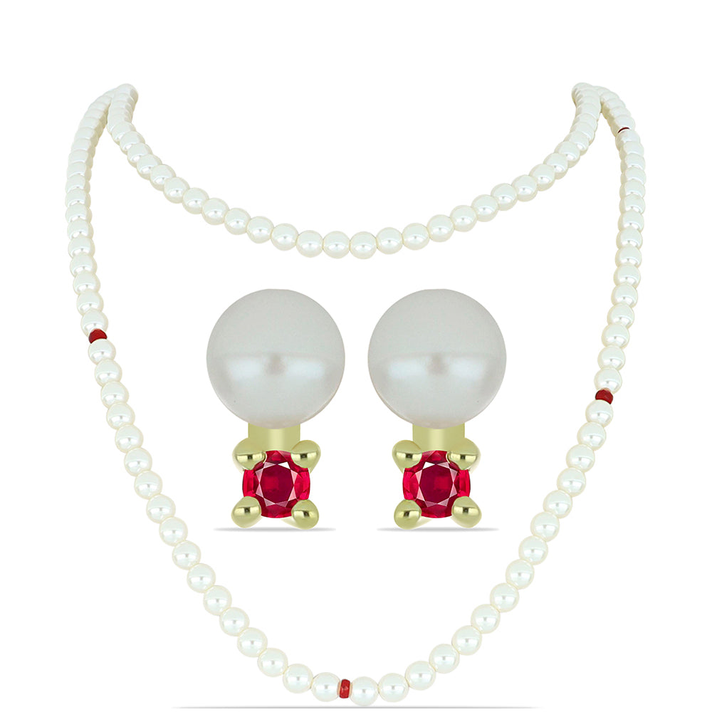 Conjunto de Plata Bañada en Oro con Perla de Agua Dulce y Rubí de Madagascar ( Collar +Pendientes ) 1 
