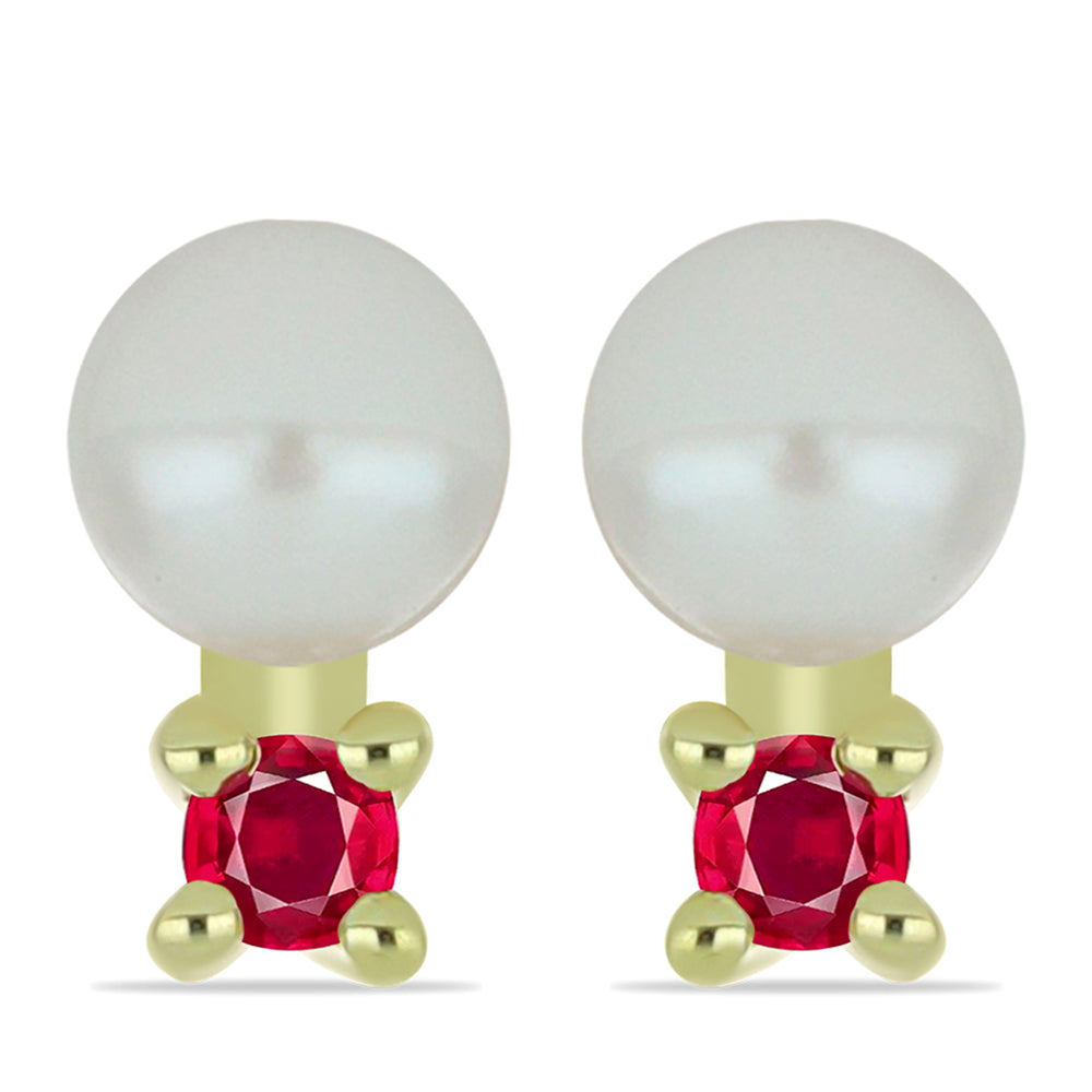 Conjunto de Plata Bañada en Oro con Perla de Agua Dulce y Rubí de Madagascar ( Collar +Pendientes )