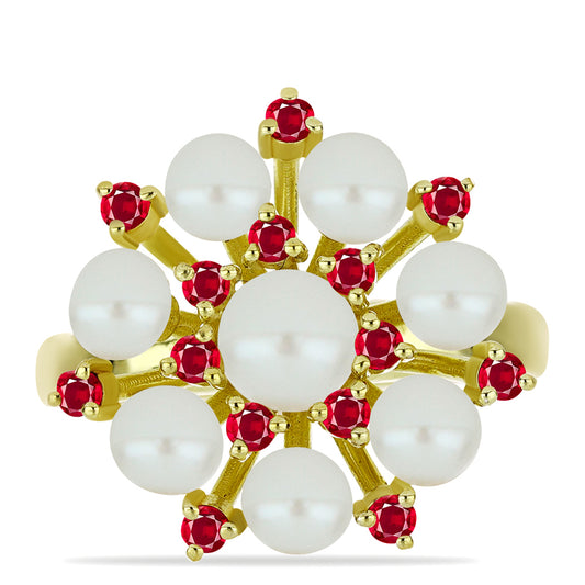 Anillo de Plata Bañada en Oro con Perla de Agua Dulce y Rubí de Madagascar