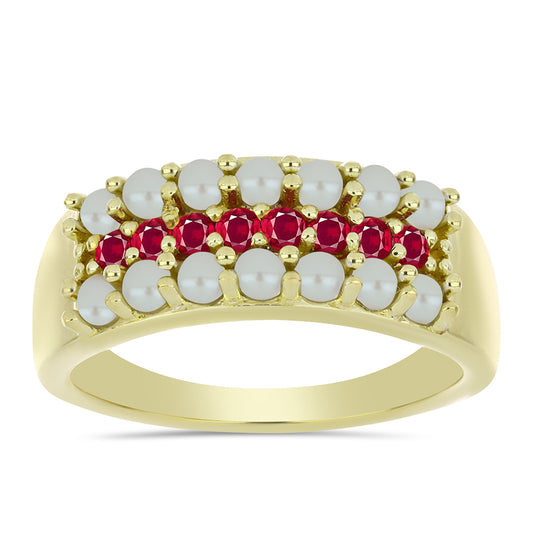Anillo de Plata Bañada en Oro con Perla de Agua Dulce y Rubí de Madagascar