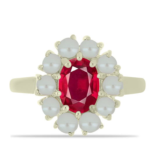 Anillo de Plata Bañada en Oro con Perla de Agua Dulce y Rubí de Madagascar