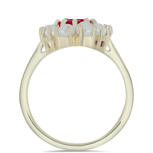 Anillo de Plata Bañada en Oro con Perla de Agua Dulce y Rubí de Madagascar
