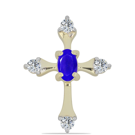 Cruz Colgante de Plata Bañada en Oro con Ágata azul y Topacio Blanco