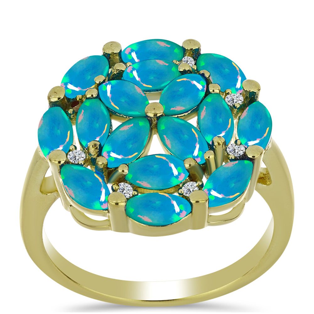 Anillo de Plata Bañada en Oro con Ópalo Azul Paraiba de Etiopía y Topacio Blanco 3 