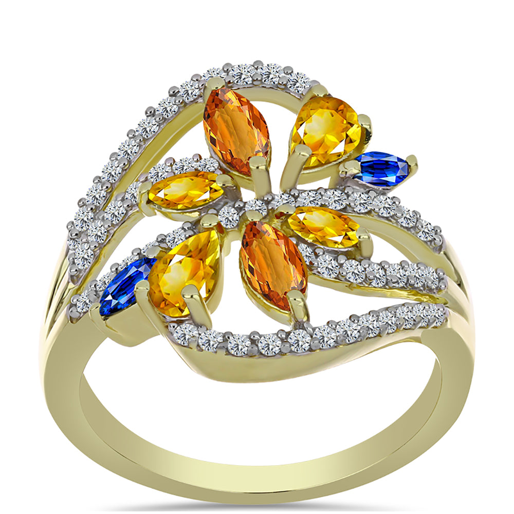 Anillo de Plata Bañada en Oro con Zafiro Arco Iris Rosebery y Topacio Blanco