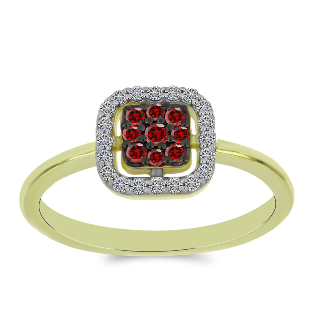 Anillo de Plata Bañada en Oro con Diamante Rojo y Diamante blanco