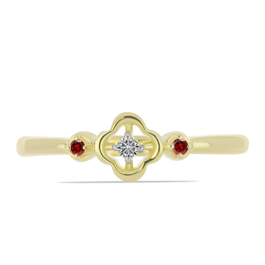 Anillo de Plata Bañada en Oro con Diamante Rojo y Diamante blanco