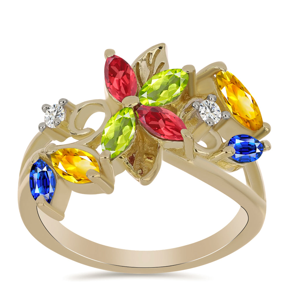 Anillo de Plata Bañada en Oro con Zafiro Arco Iris Rosebery y Topacio Blanco