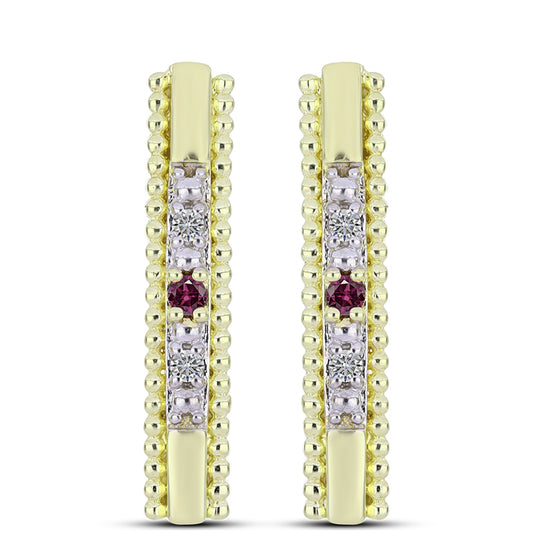 Pendientes de Plata Bañada en Oro con Diamante Púrpura y Diamante blanco