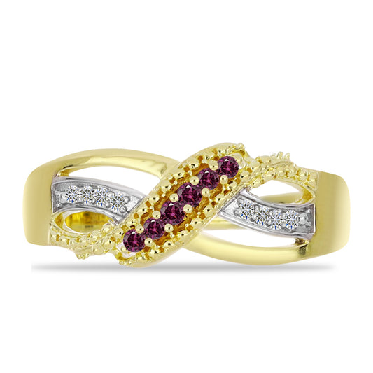 Anillo de Plata Bañada en Oro con Diamante Púrpura y Diamante blanco