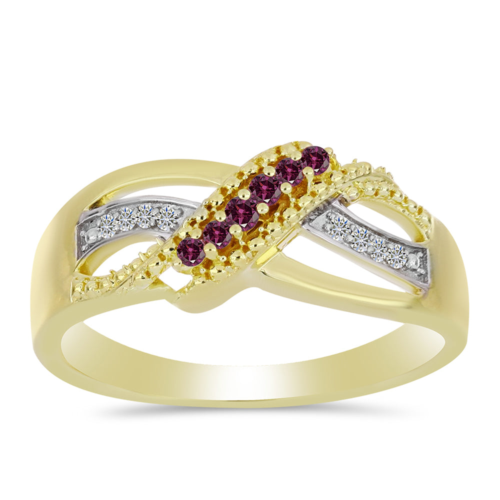 Anillo de Plata Bañada en Oro con Diamante Púrpura y Diamante blanco
