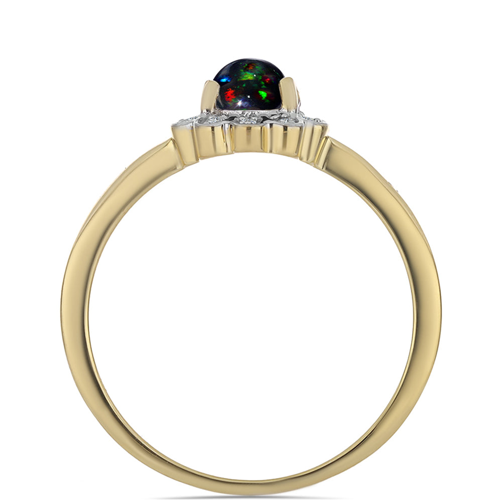 Anillo de Plata Bañada en Oro con Ópalo negro medianoche Lega Dembi de Ëtiopía y Topacio Blanco