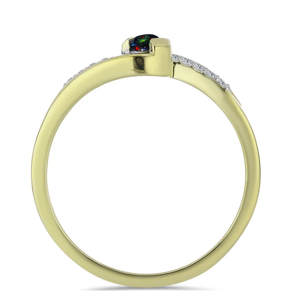 Anillo de Plata Bañada en Oro con Ópalo negro medianoche Lega Dembi de Ëtiopía y Topacio Blanco