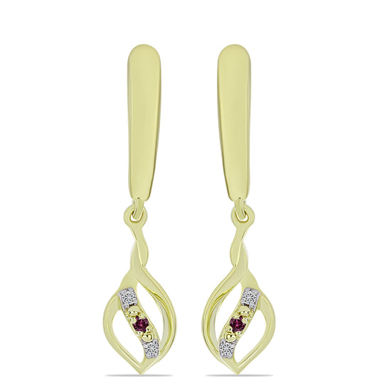 Pendientes de Plata Bañada en Oro con Diamante Púrpura y Diamante blanco