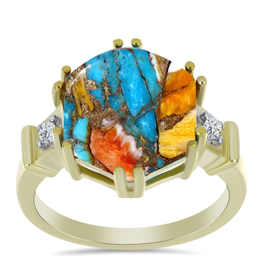 Anillo de Plata Bañada en Oro con Turquesa Ostra y Topacio Blanco