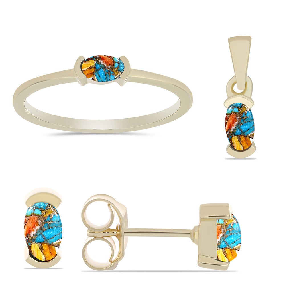 Conjunto de Plata Bañada en Oro con Turquesa Ostra ( Pendientes +Anillo +Colgante ) 1 