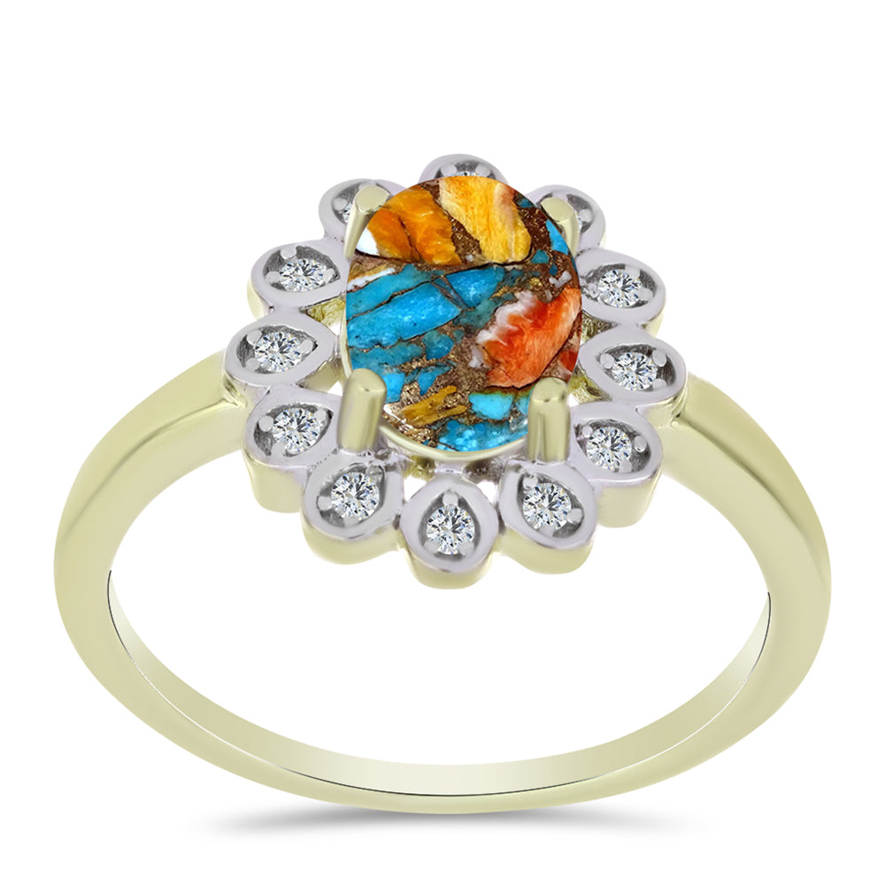 Anillo de Plata Bañada en Oro con Turquesa Ostra y Topacio Blanco