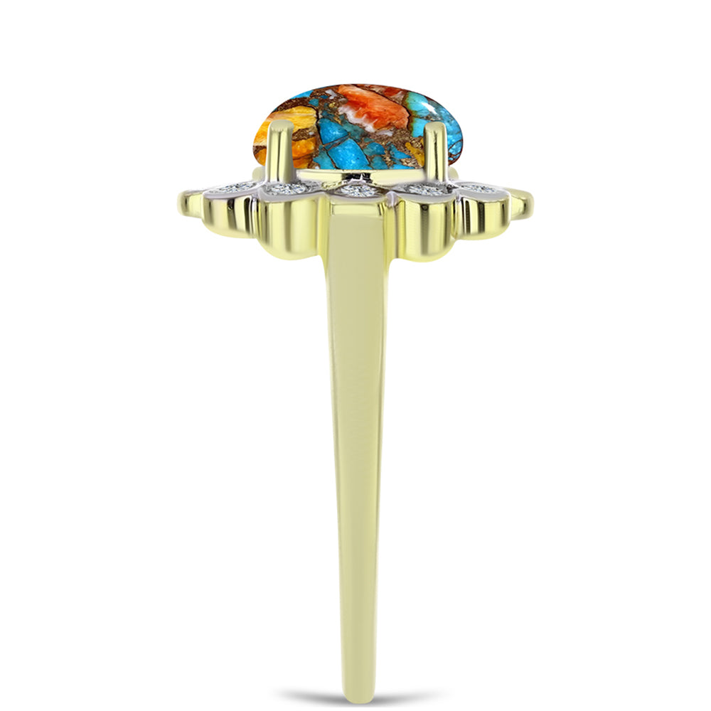 Anillo de Plata Bañada en Oro con Turquesa Ostra y Topacio Blanco 4 