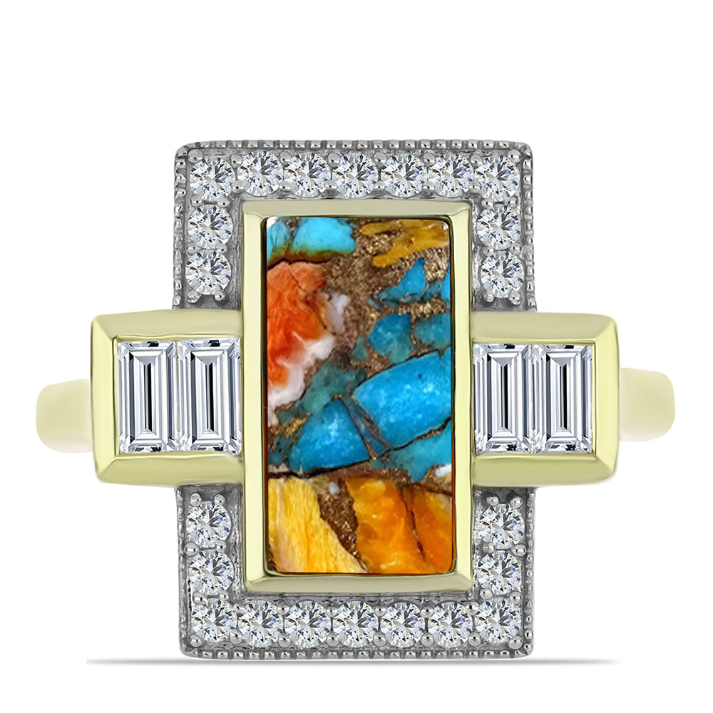 Anillo de Plata Bañada en Oro con Turquesa Ostra y Topacio Blanco 1 