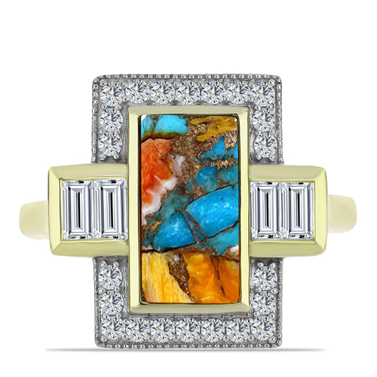Anillo de Plata Bañada en Oro con Turquesa Ostra y Topacio Blanco