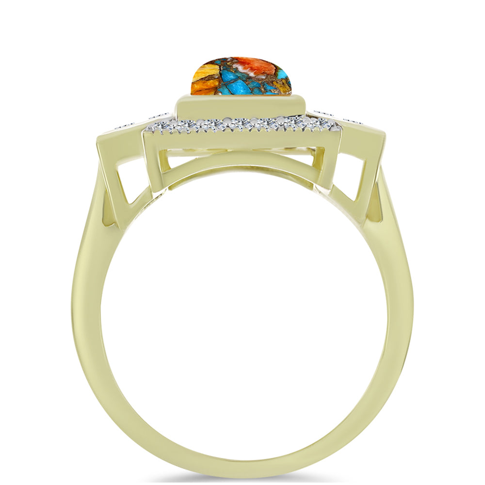 Anillo de Plata Bañada en Oro con Turquesa Ostra y Topacio Blanco 2 