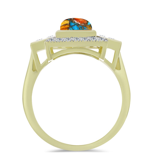 Anillo de Plata Bañada en Oro con Turquesa Ostra y Topacio Blanco