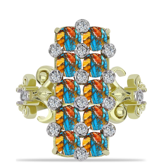Anillo de Plata Bañada en Oro con Turquesa Ostra y Topacio Blanco