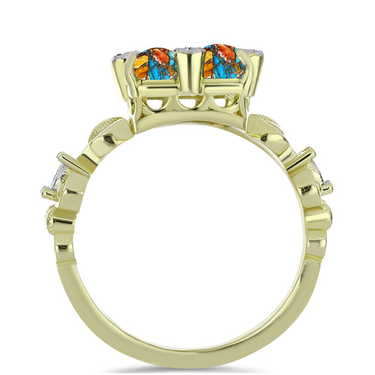 Anillo de Plata Bañada en Oro con Turquesa Ostra y Topacio Blanco