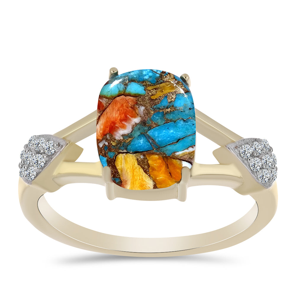 Anillo de Plata Bañada en Oro con Turquesa Ostra y Topacio Blanco 3 