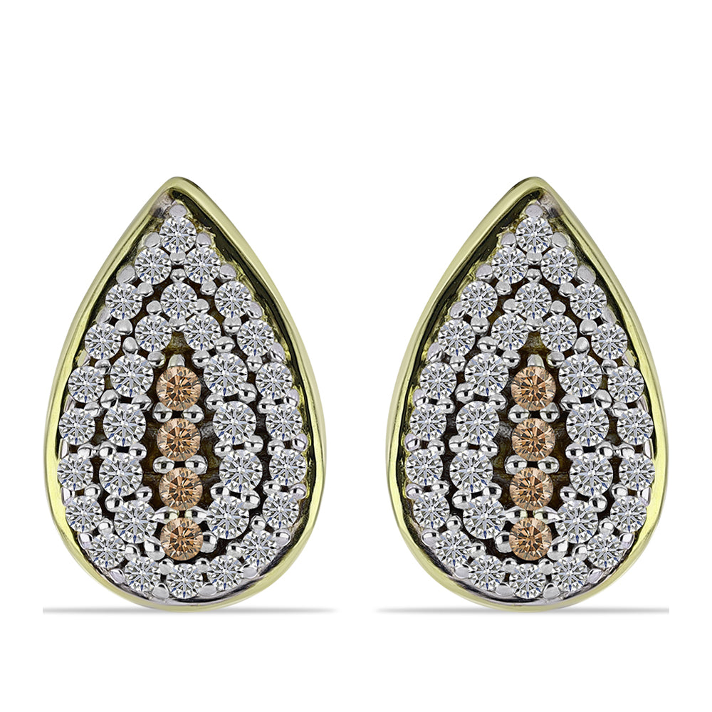 Conjunto de Plata Bañada en Oro con Diamante Champagne y Topacio Blanco ( Pendientes +Anillo +Colgante ) 4 