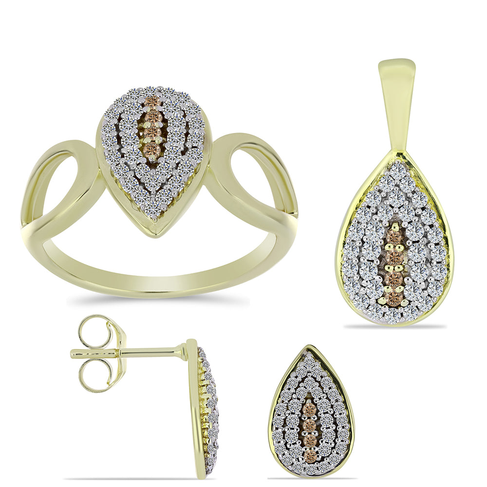 Conjunto de Plata Bañada en Oro con Diamante Champagne y Topacio Blanco ( Pendientes +Anillo +Colgante )