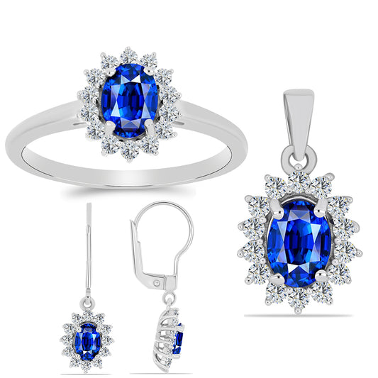 Conjunto de Plata con Zafiro Azul Australiano y Topacio Blanco ( Pendientes +Anillo +Colgante )