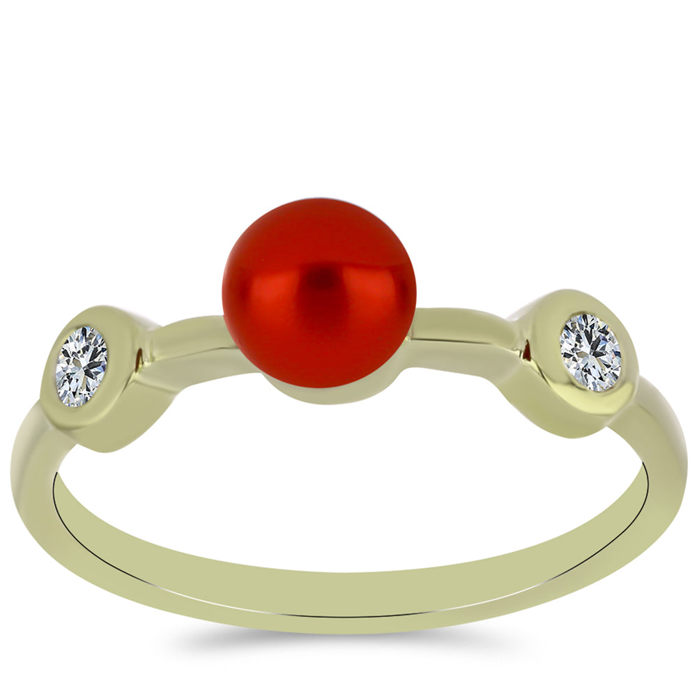 Anillo de Plata Bañada en Oro con Perla roja de río y Topacio Blanco 3 