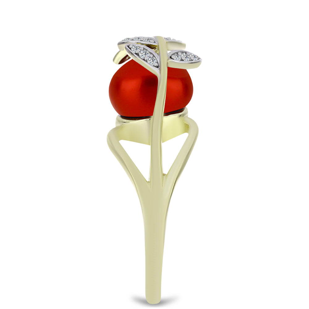 Anillo de Plata Bañada en Oro con Perla roja de río y Topacio Blanco 4 