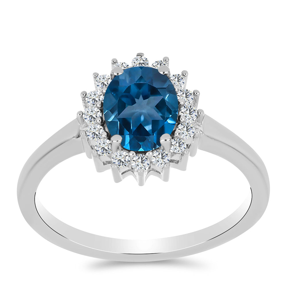 Anillo de Plata con Topacio Azul Londres y Topacio Blanco