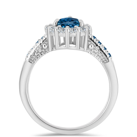 Anillo de Plata con Topacio Azul Londres y Topacio Blanco
