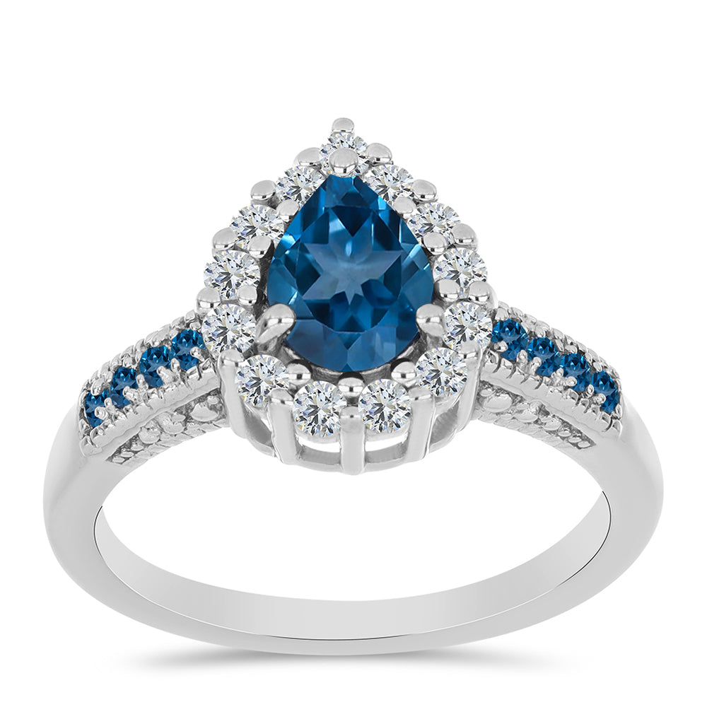 Anillo de Plata con Topacio Azul Londres y Topacio Blanco 3 